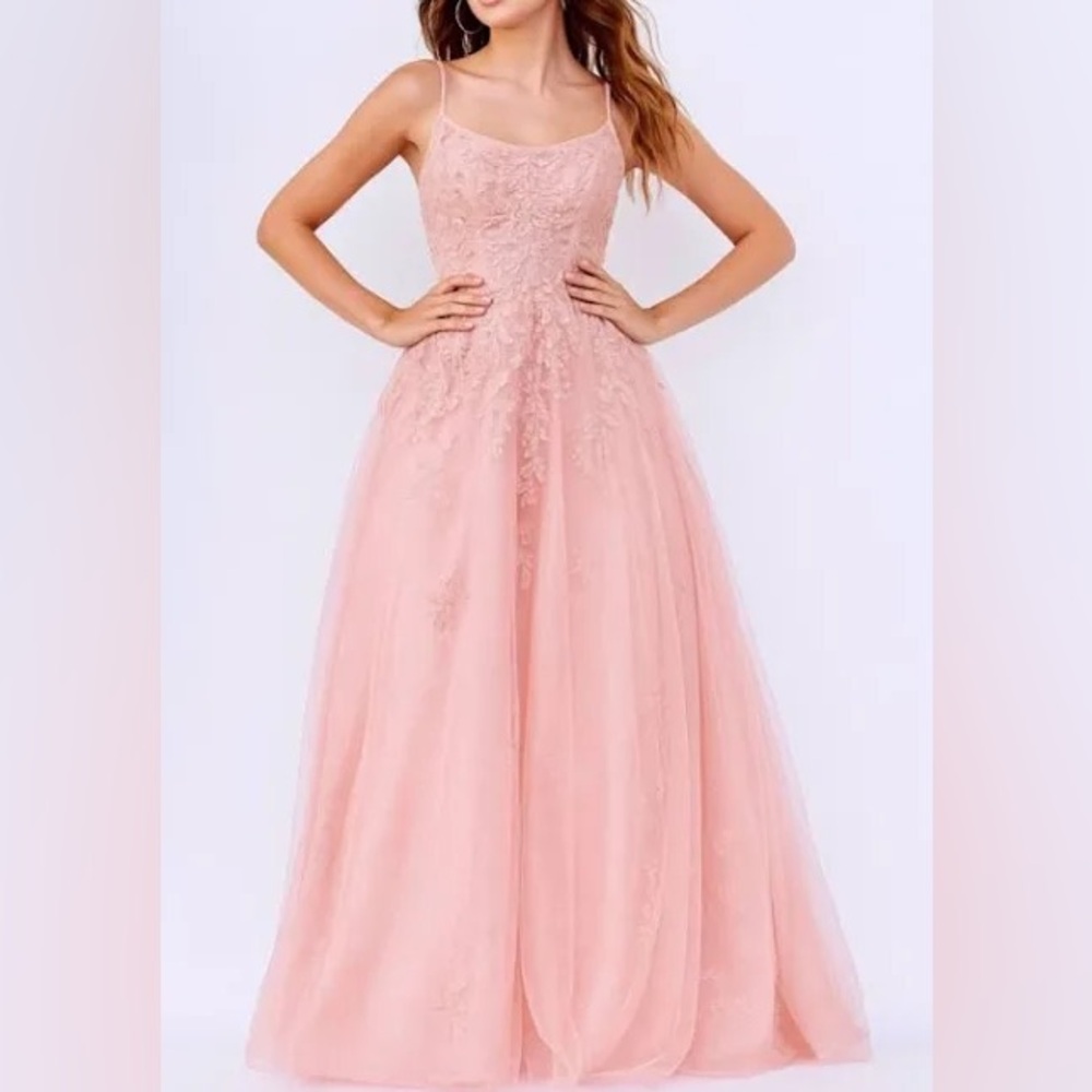 Jovani 06644 Blush Pink Lace Appliqué Maxi Gown